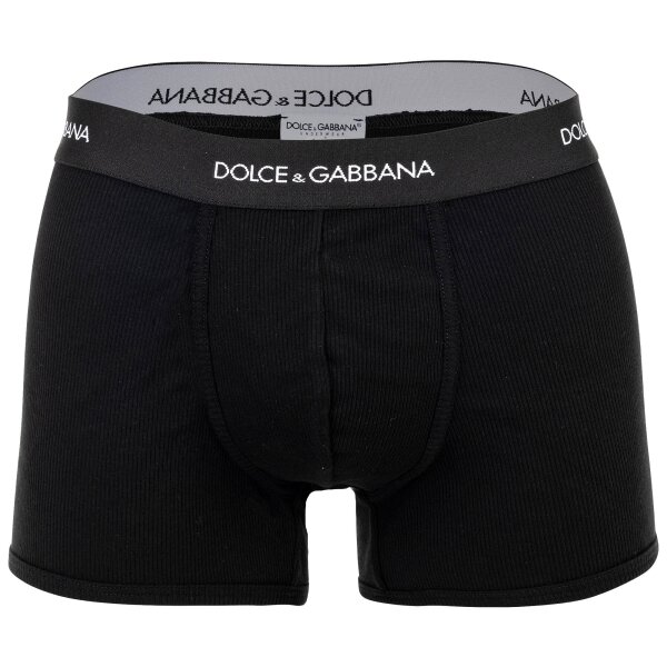 DOLCE & GABBANA Herren Boxershorts - Fine-Rib Regular Boxer, Baumwolle, gerippt, Logobund Schwarz M