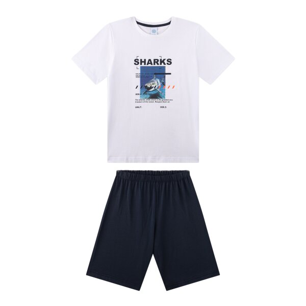 Sanetta Jungen Schlafanzug, kurz -  Teens, Sharks, Pyjama, Single Jersey, Baumwolle Weiß 140