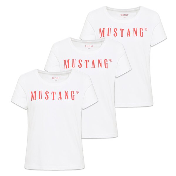 MUSTANG Damen T-Shirt 3er Pack - Alma, Baumwolle, Rundhals, Logo Weiß XS
