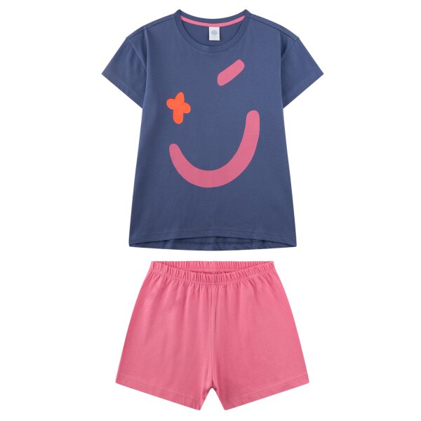 Sanetta Mädchen Schlafanzug, kurz - Teens, Smiley, Shorty, Single Jersey, Baumwolle Blau/Pink 140