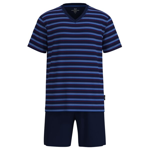 GÖTZBURG Herren Schlafanzug, kurz - Shorty, V-Ausschnitt, gestreift, Baumwolle, Pyjama Blau M