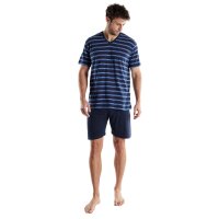 GÖTZBURG Herren Schlafanzug, kurz - Shorty, V-Ausschnitt, gestreift, Baumwolle, Pyjama Blau M