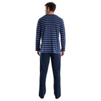 GÖTZBURG Herren Schlafanzug, lang - V-Ausschnitt, gestreift, offene Bündchen, Baumwolle, Pyjama Blau M