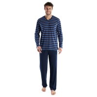 GÖTZBURG Men Pyjamas, Long - V-Neck, Striped, Open Cuffs, Cotton, Pyjamas Blue M (Medium)