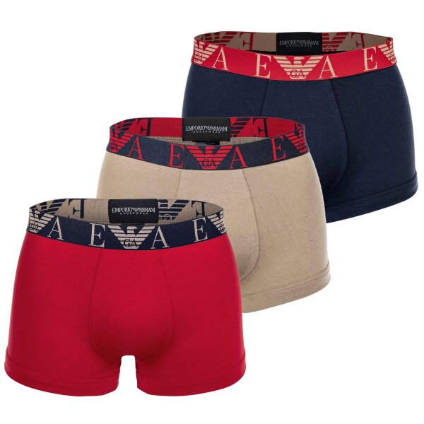 EMPORIO ARMANI Herren Trunks, 3er Pack - BOLD MONOGRAM, Shorts, Stretch Cotton Blau/Rot/Beige M