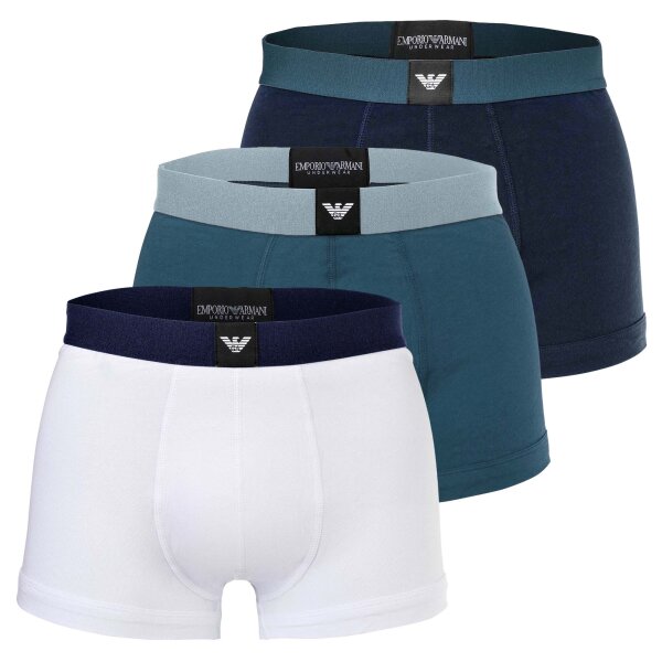 EMPORIO ARMANI Herren Trunks, 3er Pack - ESSENTIAL LOGOLABEL, Shorts, Stretch Cotton Tinte/Petrol/Weiß S