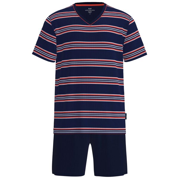 GÖTZBURG Herren Schlafanzug, kurz - Shorty, V-Ausschnitt, gestreift, Baumwolle, Pyjama Blau/Rot M
