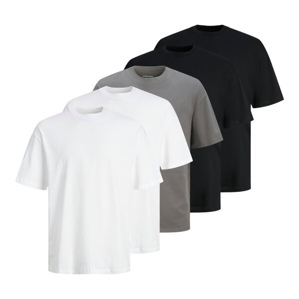 JACK&JONES Herren T-Shirt, 5er Pack - JJHUGO LOOSE TEE SS CREW NECK, Kurzarm, Rundhals, Baumwolle Schwarz/Weiß/Grau S