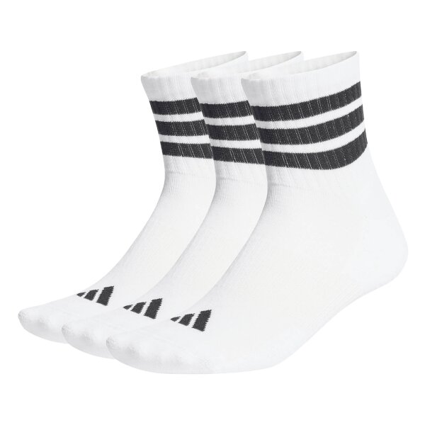 adidas Unisex Quartersocken, 3er Pack - 3-Stripes Cushioned Sportswear Mid-Cut Socks, Logo, Streifen, gepolstert Weiß 37-39