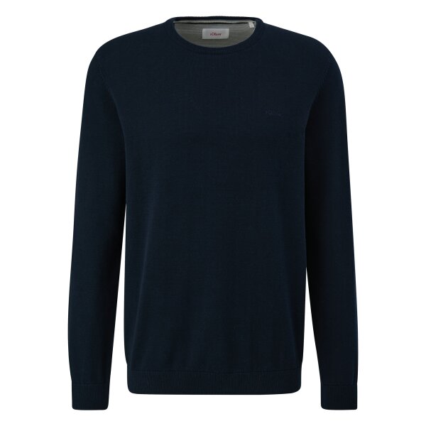 s.Oliver Men Knitted Jumper - Basic, Round Neck, Cotton, Plain Dark blue M (Medium)