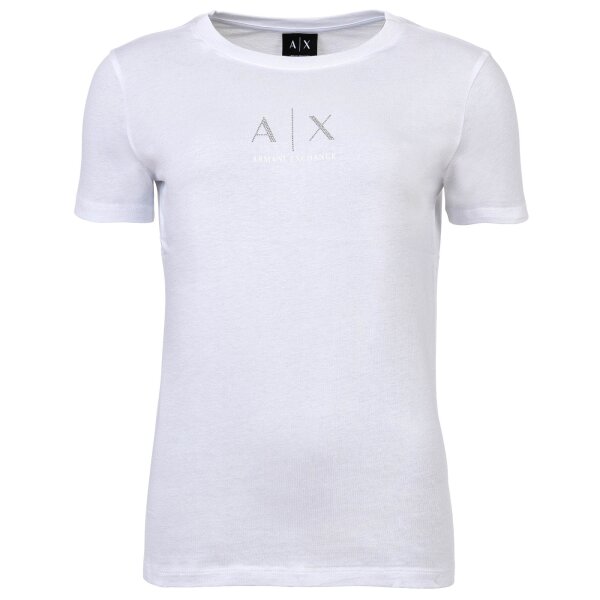 A|X ARMANI EXCHANGE Damen T-Shirt - Rundhals, Kurzarm, Glitzer-Logo, Baumwolle Weiß XS