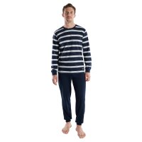 TOM TAILOR Herren Schlafanzug, lang - Pyjama, Bündchen, Rundhalsausschnitt, gestreift, Single Jersey, Baumwolle Blau/Weiß M