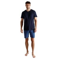 TOM TAILOR Herren Schlafanzug, kurz - Shorty, Pyjama, Baumwolle, Henley-Kragen, Single Jersey Blau M