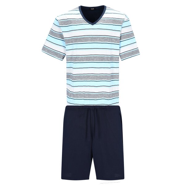 hajo Herren Schlafanzug, kurz - Premium Cotton, V-Ausschnitt, Pyjama, Shorty, Baumwolle Blau M