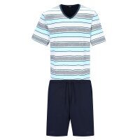 hajo Herren Schlafanzug, kurz - Premium Cotton, V-Ausschnitt, Pyjama, Shorty, Baumwolle Blau M