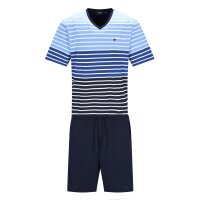 hajo Herren Schlafanzug, kurz - Klima-Komfort, Pyjama, Bermuda, V-Ausschnitt, Baumwoll-Mix Blau/Grau XL