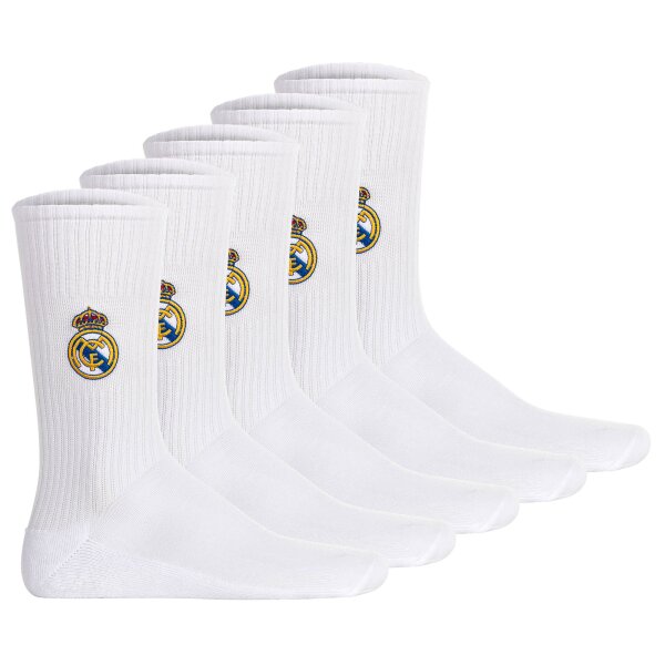 Real Madrid Unisex Socken, 5er Pack - Tennis Embroidery Socks, Emblem-Logo gestickt, Baumwollmischung, einfarbig Weiß 35-38