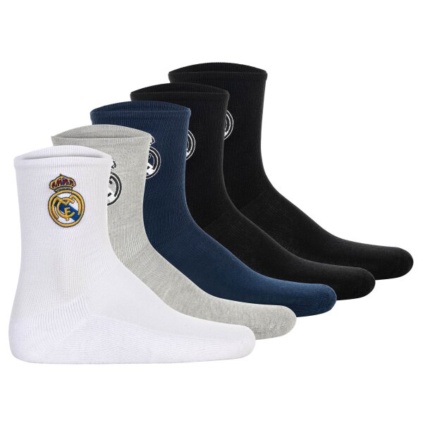 Real Madrid Kinder Socken, 5er Pack - Tennis Embroidery Socks, Emblem-Logo gestickt, Baumwollmischung, einfarbig Weiß/Schwarz/Dunkelblau/Grau 23-26