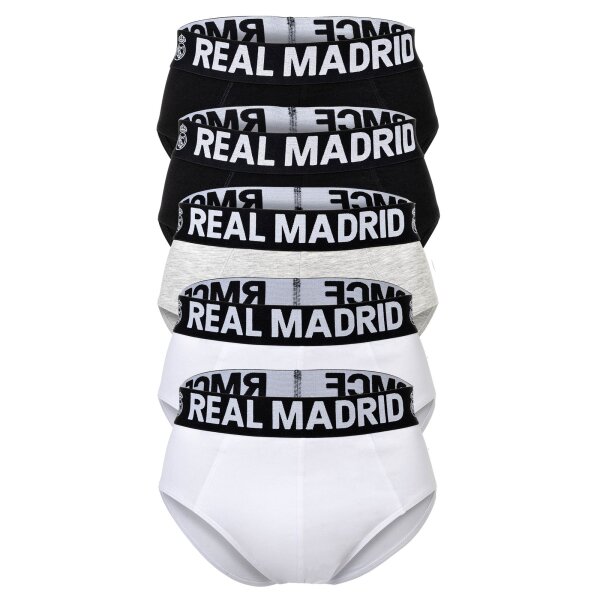 Real Madrid Mens Briefs, 5-Pack - Briefs, Cotton Blend, Logo Waistband, Plain Black/Grey/White S (Small)