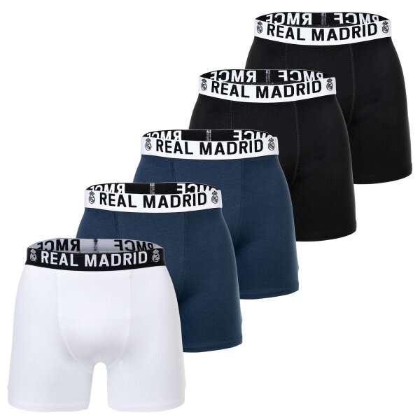 Real Madrid Boys Boxer Shorts, 5-Pack - Boxer Trunks, Cotton Blend, Logo Waistband, Plain White/Navy/Black 116