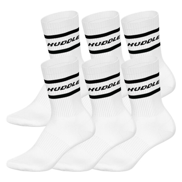 HUDDLE Unisex Socken, 6er Pack - Streifen, Logo, Crew, Sportsocken, einfarbig Weiß 35-38