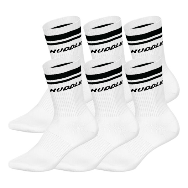 HUDDLE Unisex Socks, 6-Pack – Double Stripes, Logo, Crew, Sports Socks, Solid Color White 35-38 (3-5 UK)