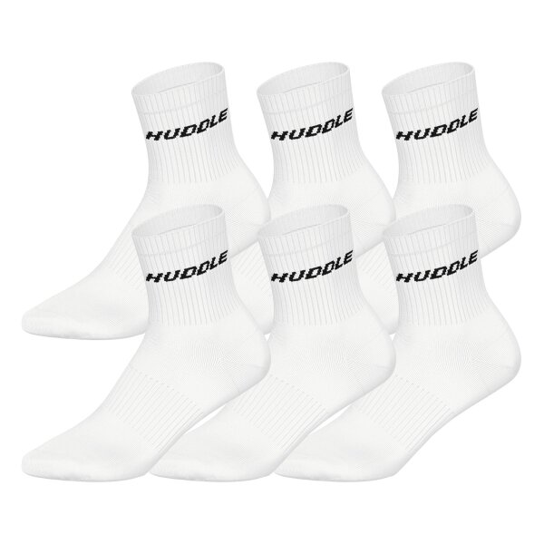 HUDDLE Unisex Socken, 6er Pack - Basic, Logo, Short Crew, Sportsocken, einfarbig Weiß 35-38