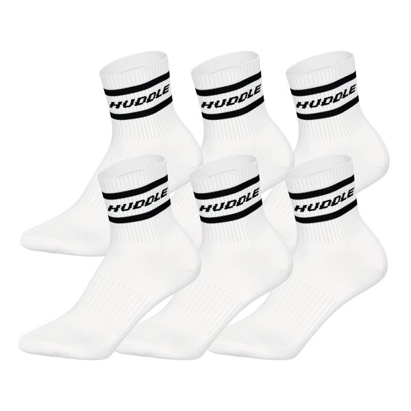 HUDDLE Unisex Socken, 6er Pack - Streifen, Logo, Short Crew, Sportsocken, einfarbig Weiß 35-38