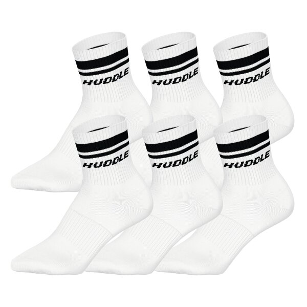 HUDDLE Unisex Socken, 6er Pack - Doppelstreifen, Logo, Short Crew, Sportsocken, einfarbig Weiß 35-38