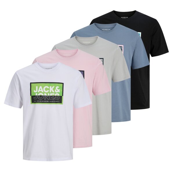 JACK&JONES Herren T-Shirts, 5er Pack - JCOLOGAN SUMMER PRINT, Rundhals, Baumwolle Rosa/Weiß/Schwarz S