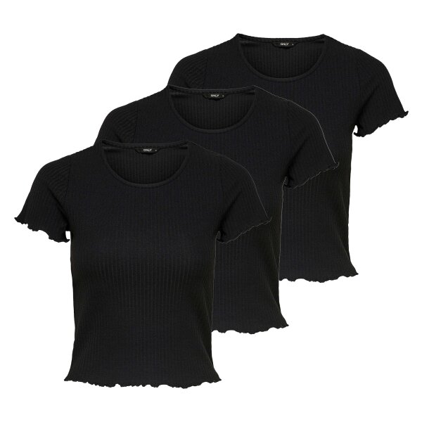 ONLY Damen T-Shirt 3er Pack - ONLEMMA SHORT TOP, Rundhals, Cropped, gerippt, einfarbig Schwarz XS