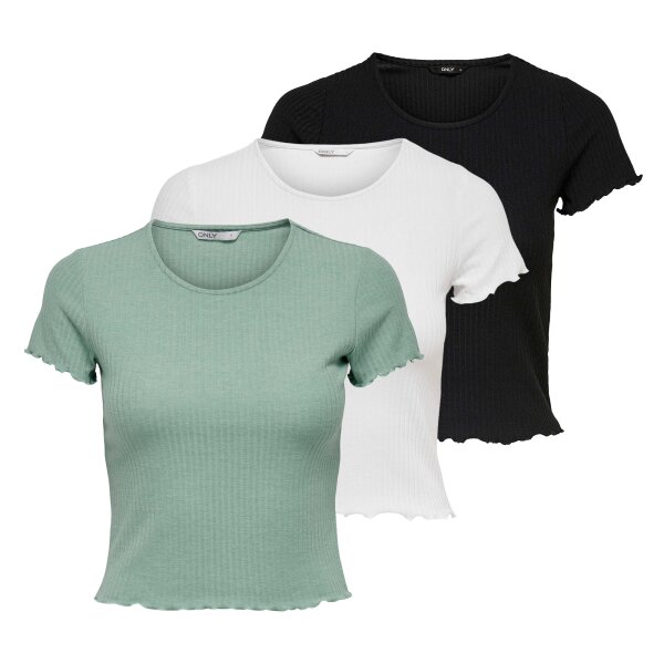 ONLY Women T-shirt Pack of 3 - ONLEMMA SHORT TOP, round neck, cropped, ribbed, plain colour White/Black/Light green XS (X-Small)