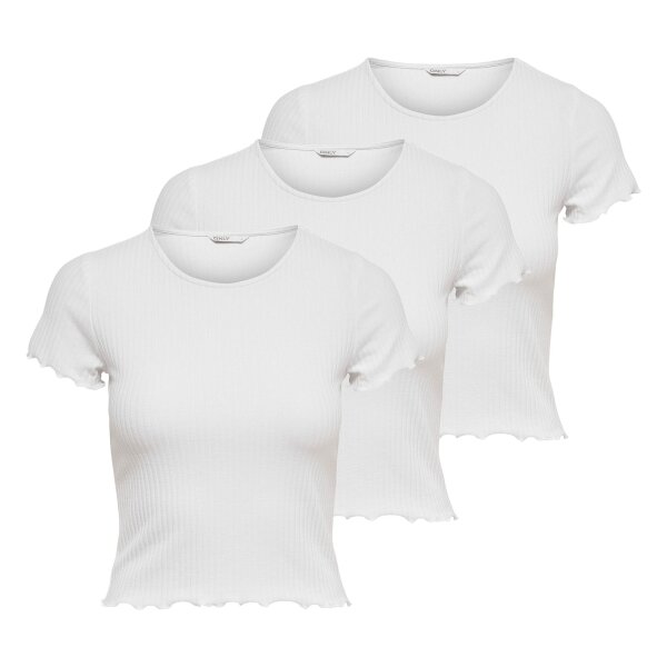 ONLY Damen T-Shirt 3er Pack - ONLEMMA SHORT TOP, Rundhals, Cropped, gerippt, einfarbig Weiß XS