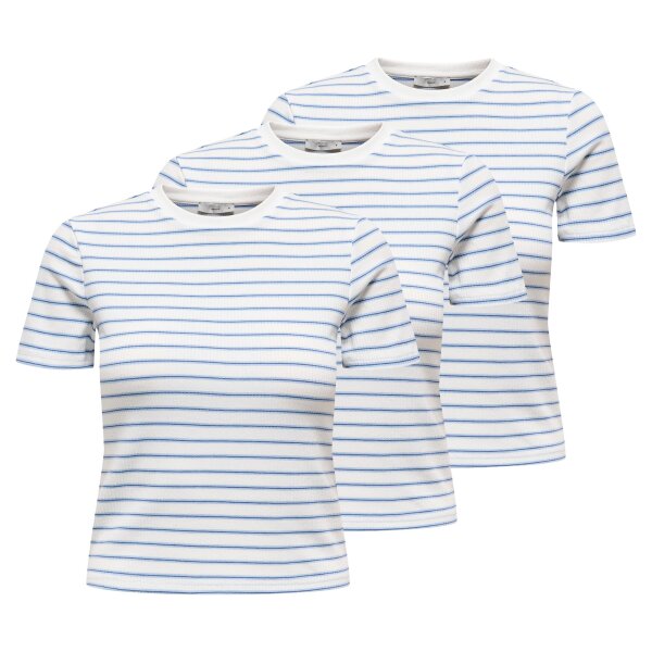 ONLY Damen T-Shirt 3er Pack - ONLLUPE STRIPE TEE, Kurzarm, Rundhals, Slim Fit, Streifen Weiß/Blau L