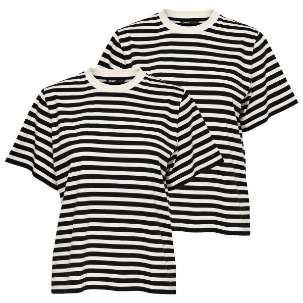 ONLY Women T-shirt Pack of 2 - ONLLIVINA LIFE STRIPE TEE, short sleeves, round neck, stripes Black/White M (Medium)