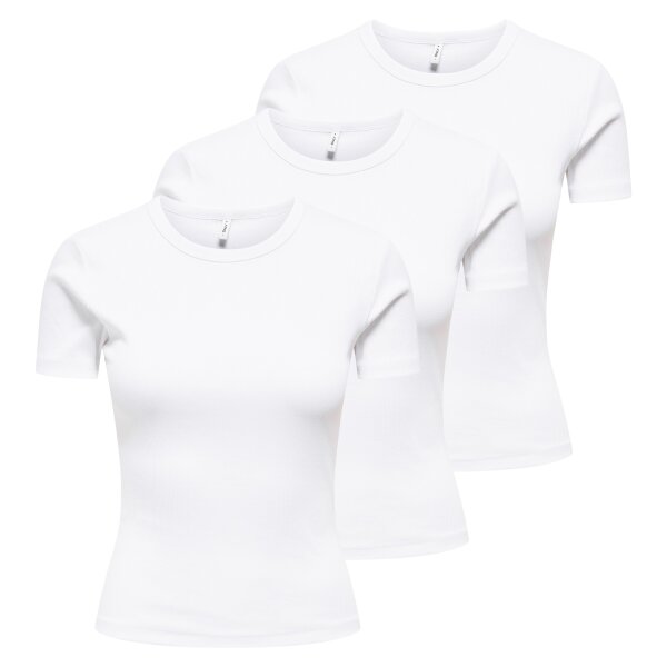 ONLY Damen T-Shirt 3er Pack - ONLVAL LIFE O-NECK TOP, Rundhals, Baumwolle, einfarbig Weiß XS