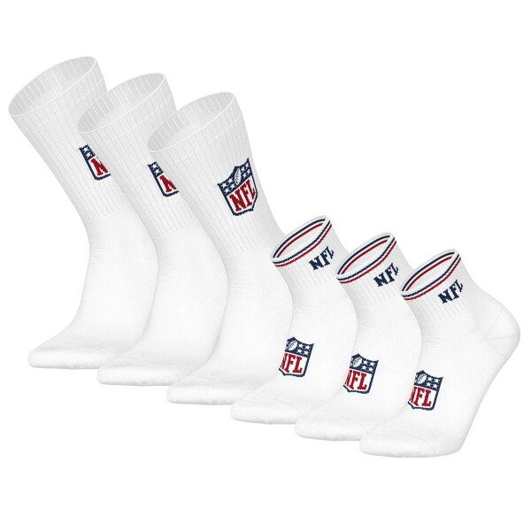 NFL Unisex Socken, 6er Pack - NFL Shield 3Pack Crew Socks, 3Pack Quarter Socks, Streifen, Logo, Baumwollmischung Weiß 39-42
