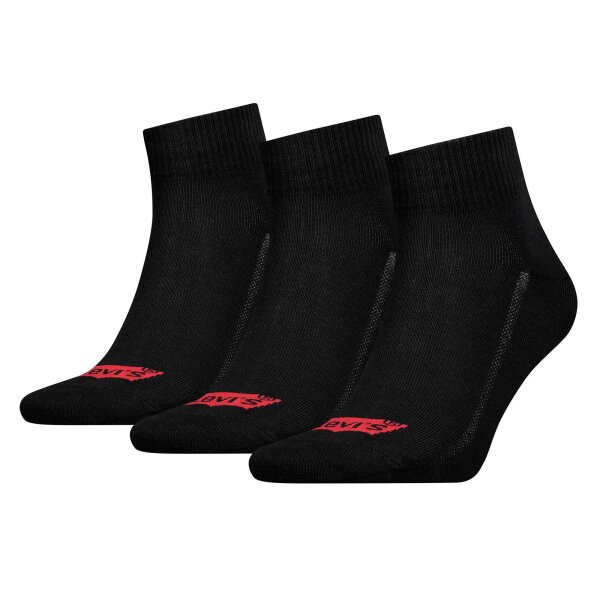 Levis Unisex Quarter Socks, 3-pack – Mid Cut Batwing Logo, Recycled Cotton 3P, plain Black 39-42