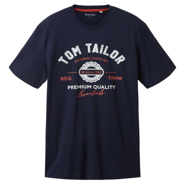 TOM TAILOR Herren T-Shirt - Logo Tee, Rundhals, Regular Fit, Baumwolle, Print Blau M