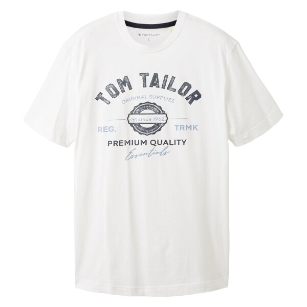 TOM TAILOR Herren T-Shirt - Logo Tee, Rundhals, Regular Fit, Baumwolle, Print Weiß M