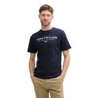 TOM TAILOR Herren T-Shirt - T-Shirt with Print, Rundhals, Regular Fit, Baumwolle Blau M
