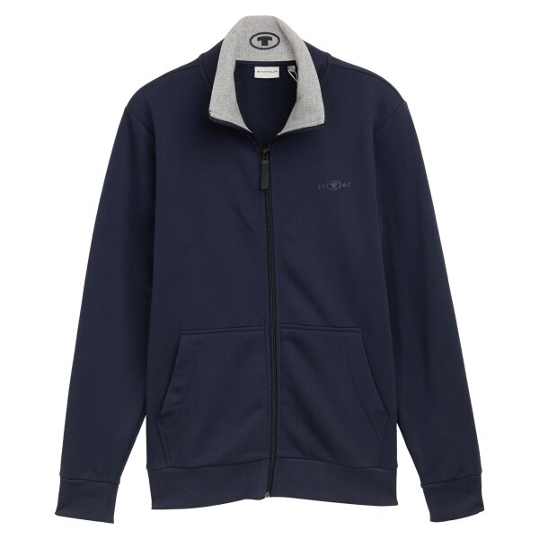 TOM TAILOR Herren Sweatjacke mit Stehkragen - Printed Stand-Up Sweat Jacket, Regular Fit, Baumwollmischung Blau M