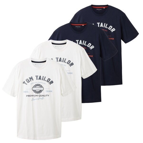 TOM TAILOR Mens T-shirt, 4-Pack – Logo T-shirt, crew neck, regular fit, cotton, print Blue/White M (Medium)