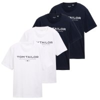 TOM TAILOR Herren T-Shirt, 4er Pack - T-Shirt with Print, Rundhals, Regular Fit, Baumwolle Blau/Weiß M