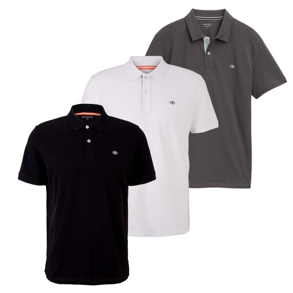 TOM TAILOR Men’s Polo Shirt 3-Pack, Button Placket - Basic Polo With Contrast, Regular Fit, Cotton Black/Grey/White M (Medium)