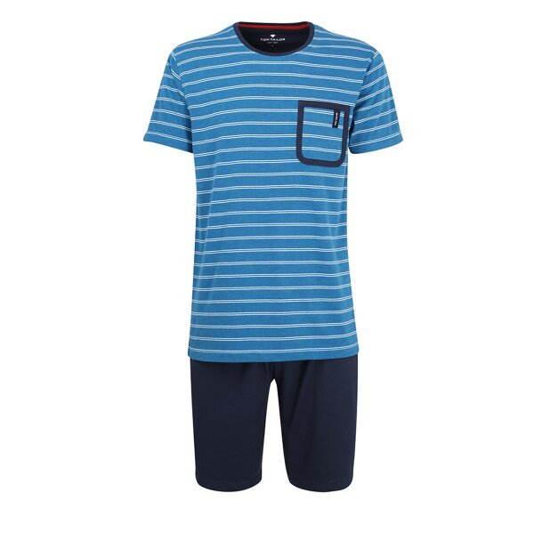 TOM TAILOR mens pyjamas set - short, round neck, stripes, breast pocket, blue