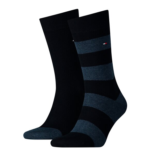 TOMMY HILFIGER Herren Socken, 2er Pack - Rugby Sock, Strümpfe, Streifen, uni/gestreift Dunkelblau 43-46