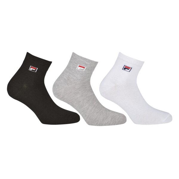 FILA Quarter Socken Unisex, 3 Paar - Kurzsocken, Sport, Logo-Bund, uni, 35-46 Schwarz/Weiß/Grau EU 35-38