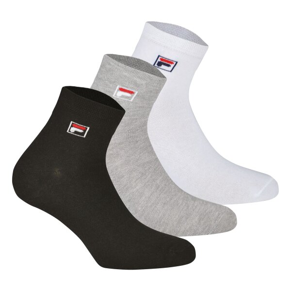 FILA Quarter Socken Unisex, 3 Paar - Kurzsocken, Sport, Logo-Bund, uni, 35-46 Schwarz/Weiß/Grau EU 39-42